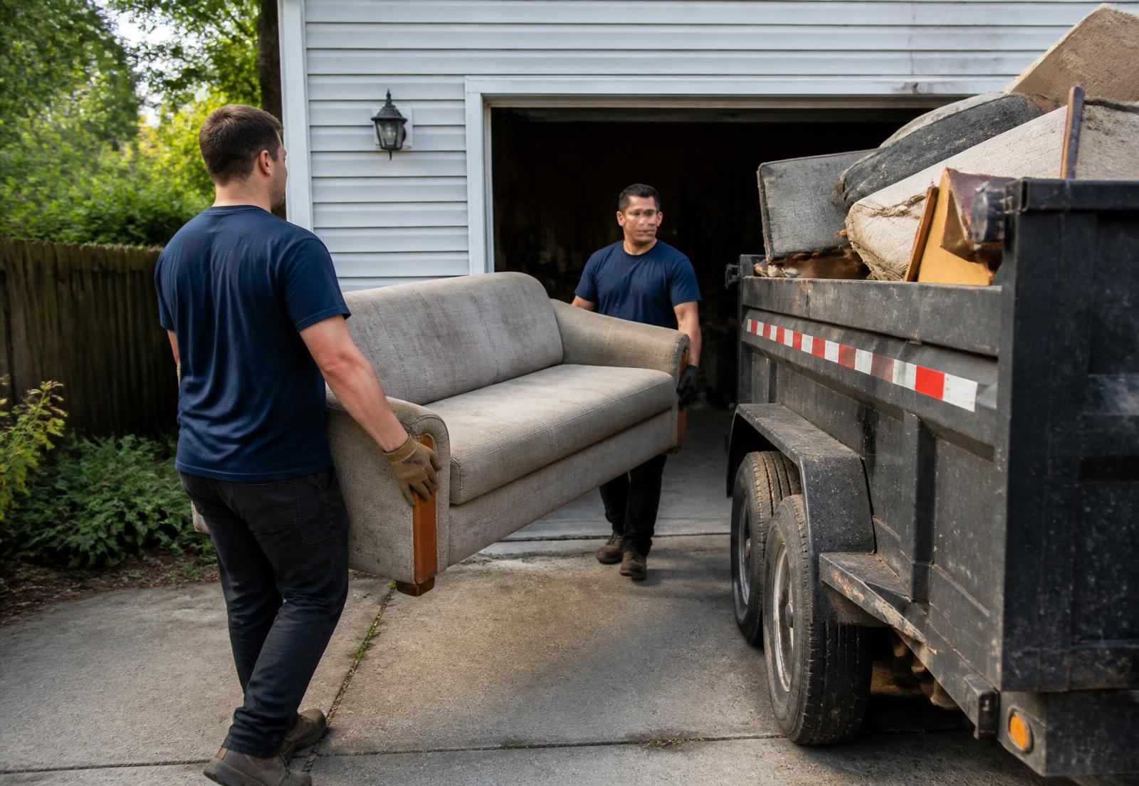 Junk removal crew loading a trailer at a Jacksonville rental property