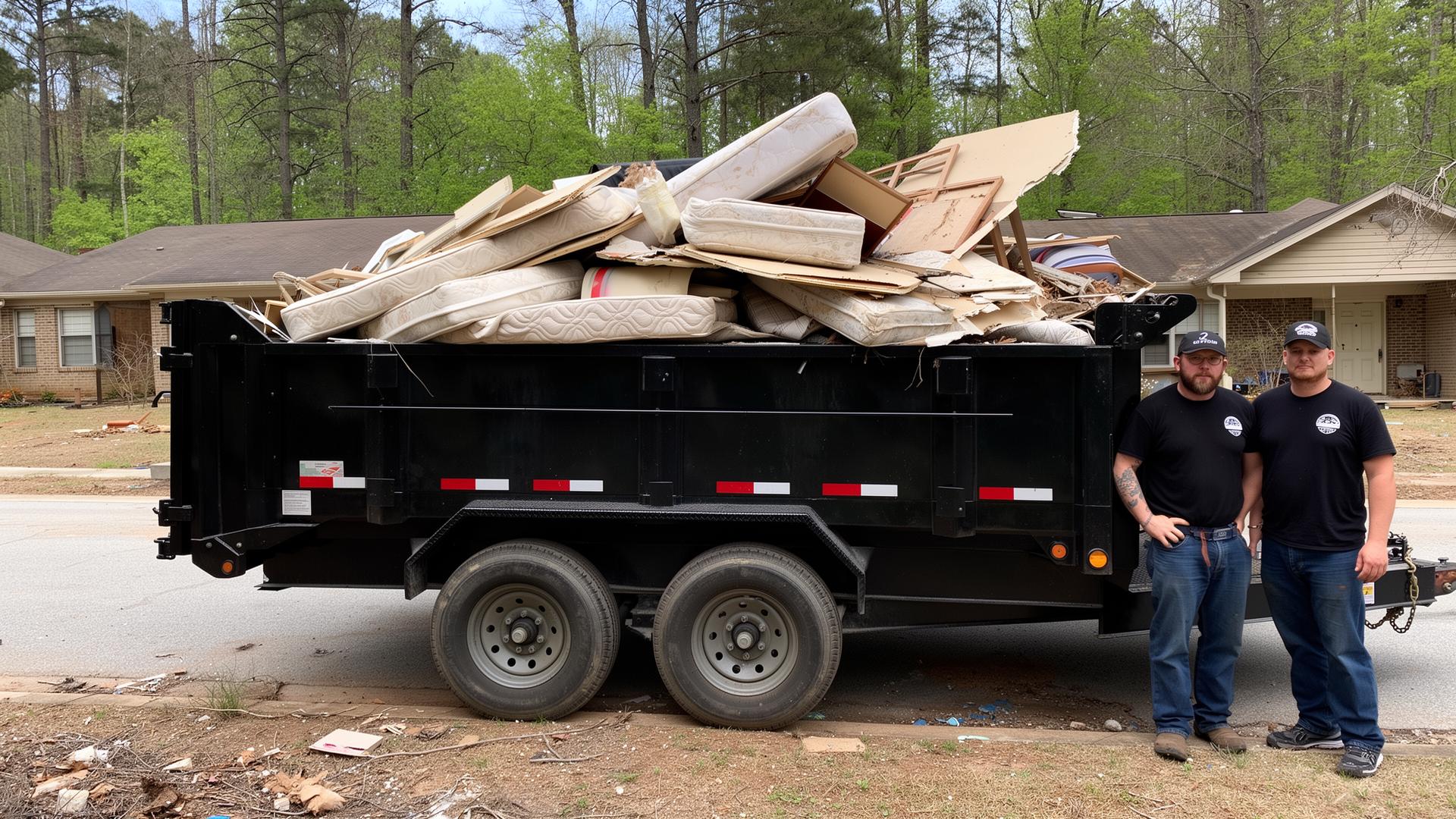 Fully loaded C P Junk Haul dump trailer outside a Georgia foreclosure property