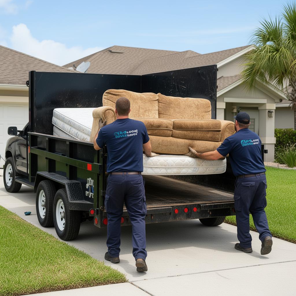 C P Junk Haul crew loading furniture and mattresses into a dump trailer