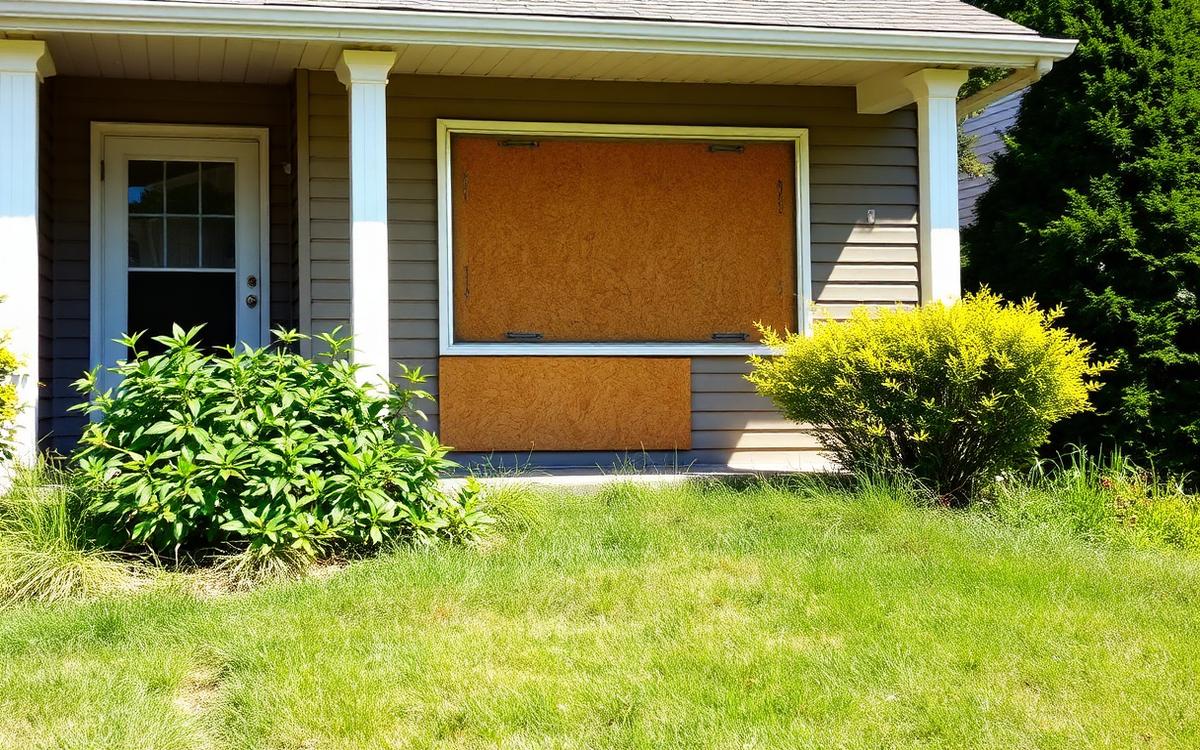 Vacant foreclosed home exterior with overgrown lawn