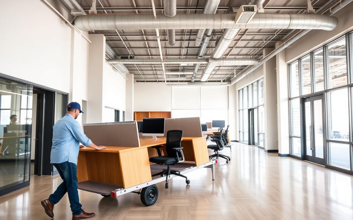 Commercial office cleanout with movers hauling desks