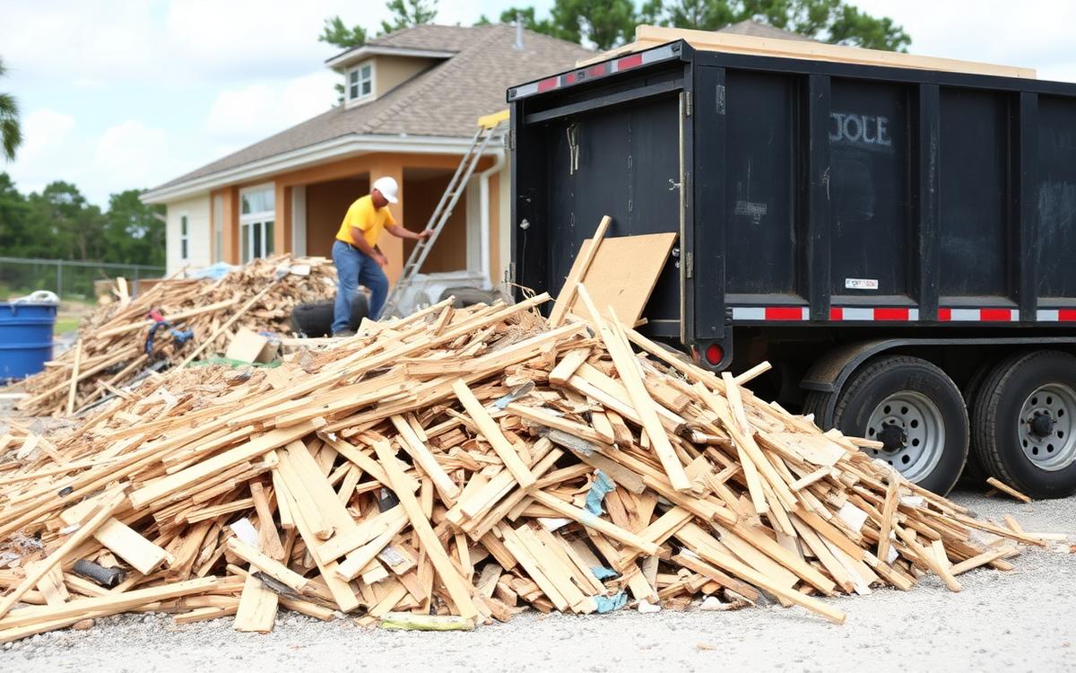 Construction debris piled next to a dump trailer in Jacksonville