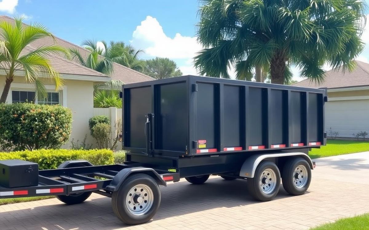 Roll-off dumpster and dump trailer on a Florida driveway